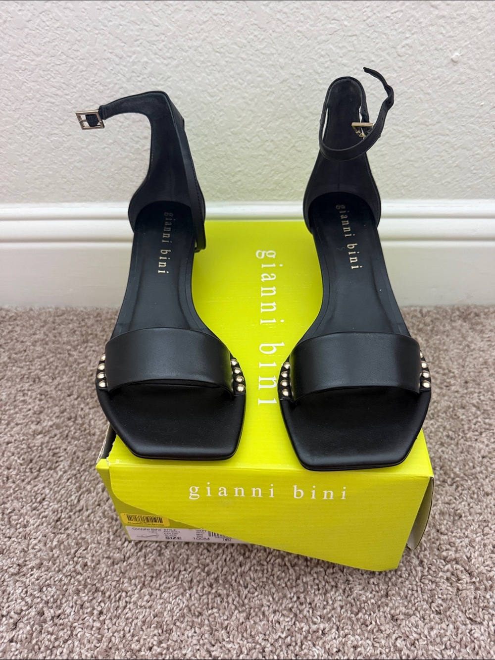 Gianni Bini Black Ankle-Strap Square-Toe Sandals with Stud Detail